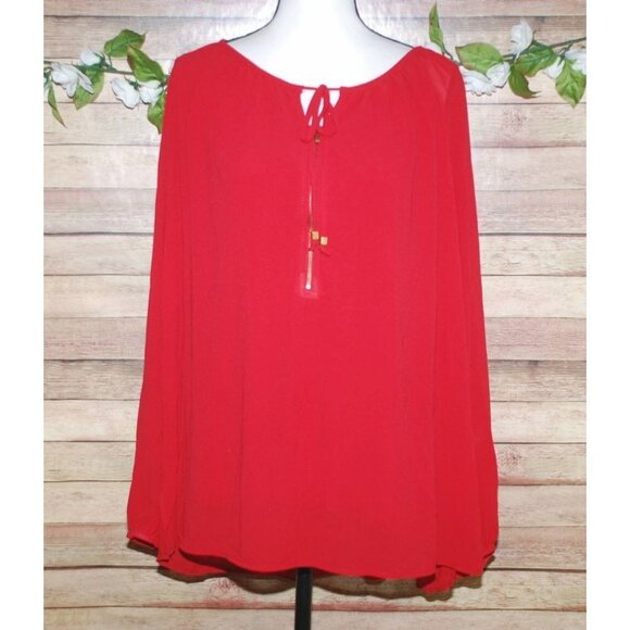 Carmen Marc Valvo Red Blouse Tunic Plus Size 3X Zip Up Tie Up Keyhole Neckline - Picture 1 of 10